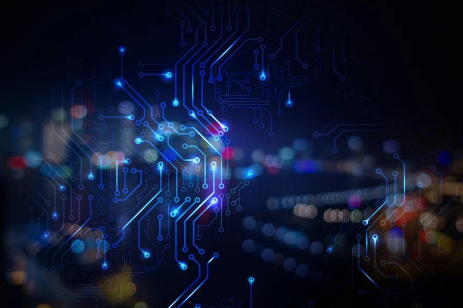 Digital circuit board with glowing blue lines and city bokeh lights representing fintech security