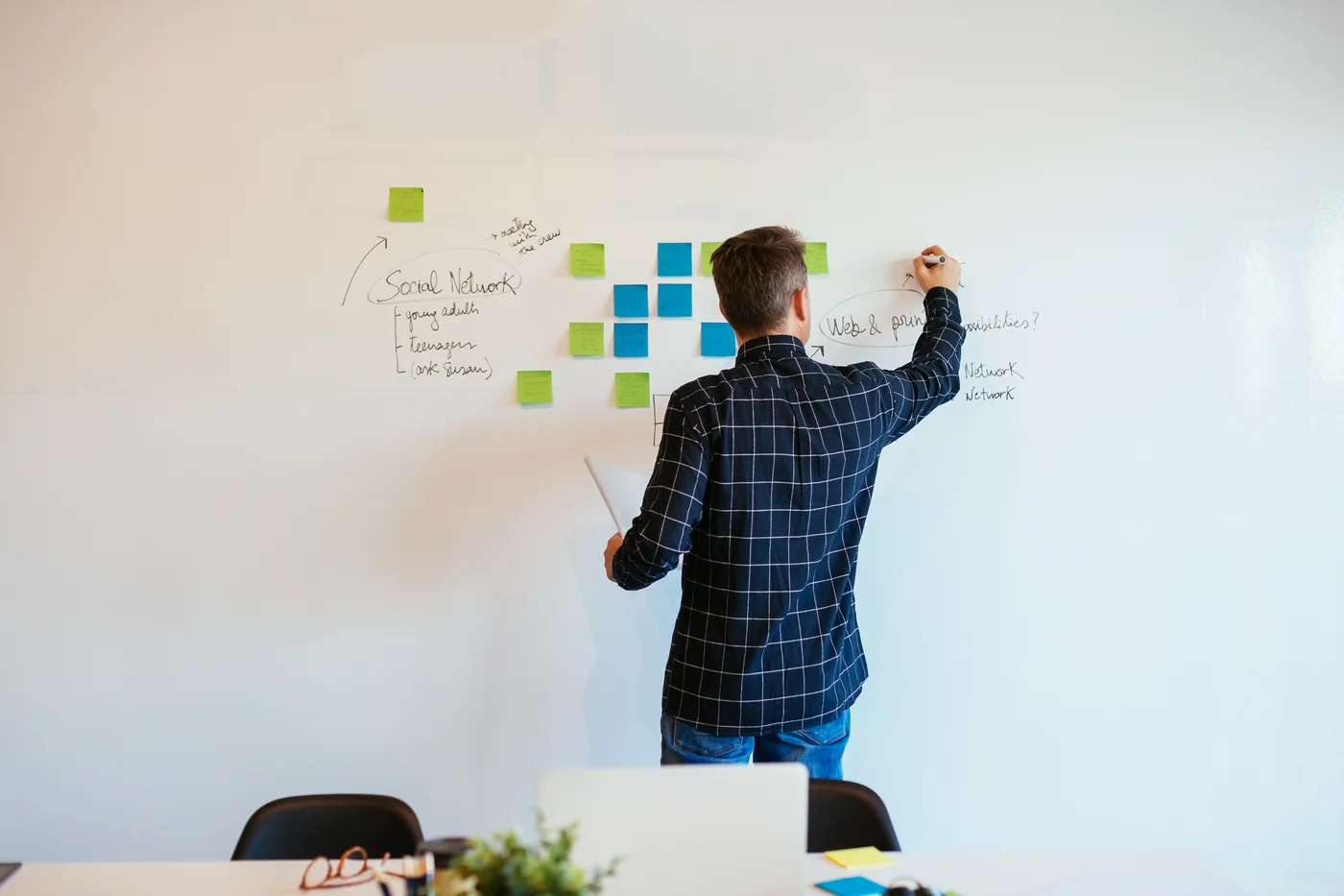 Person deeply focused at a whiteboard building ideas